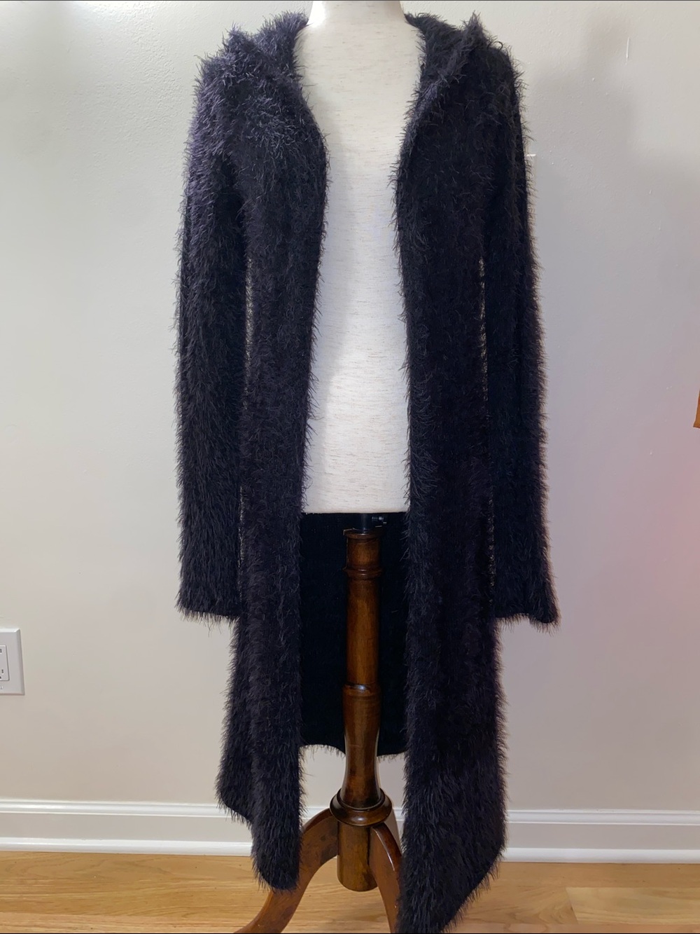 Open Front Wool Black Fuzzy Hooded Cardigan size M